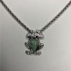 Silver Frog Pendant Necklace with Green Gemstone